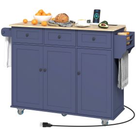 HOMCOM Kitchen Island on Wheels with Drop Leaf, Charging Station, Rolling Kitchen Cart with Wood Top, Adjustable Shelf, Blue