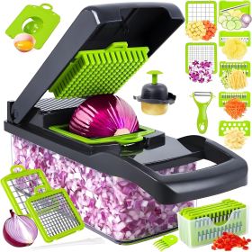 16in1 Vegetable Chopper, Fruit And Vegetable Slicer, Onion Cutter, Food Chopper With Container, Vegetable Cutter And Spiralizer Suitable For Onio (Option: Black and green)